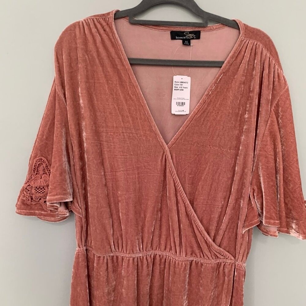 NEW Suzanne Betro Wrap Dress Womens 4X Pink Velvet Lace Applique - Picture 3 of 11